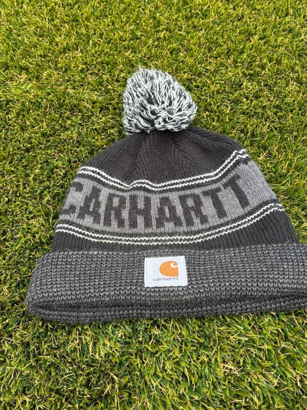Sick Carhartt One Size Pom Pom Beanie Black Grey Knit Striped